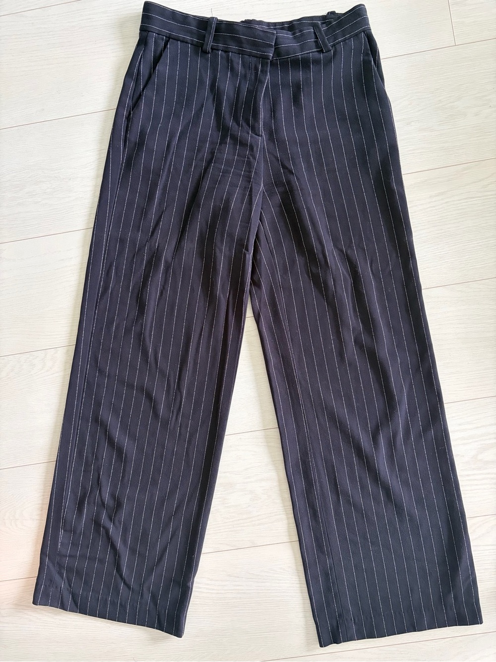 Navy Blue Pinstripe Wide-Leg Dress Pants